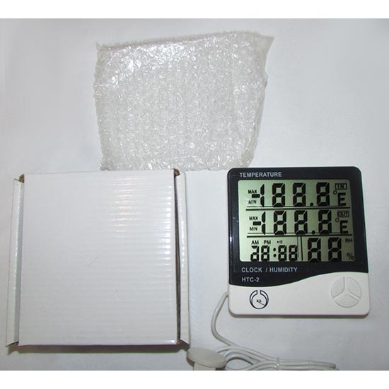 بسته بندی دماسنج و رطوبت سنج دیجیتال سنسور دار سه خانه مدل HTC-2